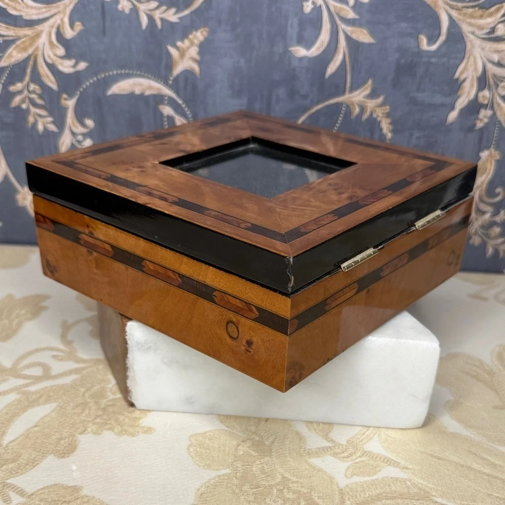 Vintage Estate Wood Inlay Jewelry Box With Picture Opening and Velvet Lining